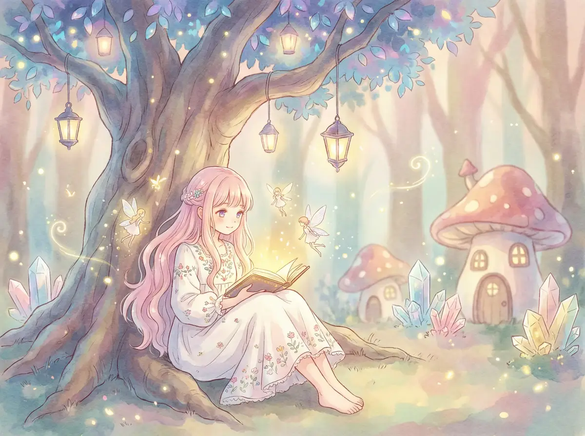 撸撸色 - 魔法森林中阅读故事书的粉发少女与精灵